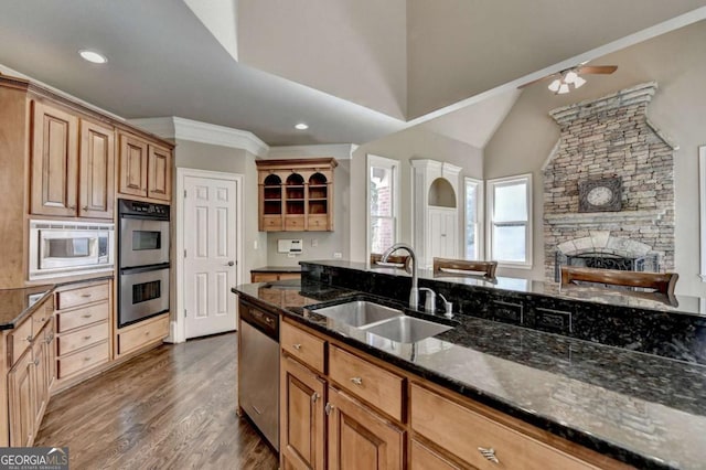 10125 Brixton Pl, Suwanee, GA 30024 - kitchen featuring a sink, appliances with stainless steel finishes, ceiling fan, dark stone counters, and dark wood-style flooring