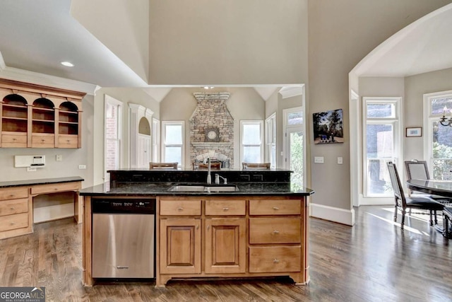 10125 Brixton Pl, Suwanee, GA 30024 - kitchen featuring dishwasher, open shelves, a sink, dark wood-type flooring, and dark stone countertops
