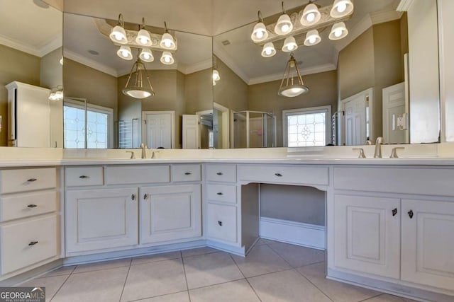 10125 Brixton Pl, Suwanee, GA 30024 - bathroom with crown molding, double vanity, a shower stall, and tile patterned flooring