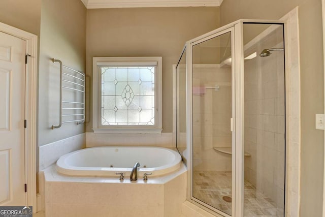 10125 Brixton Pl, Suwanee, GA 30024 - full bath featuring a whirlpool tub, a stall shower, and crown molding