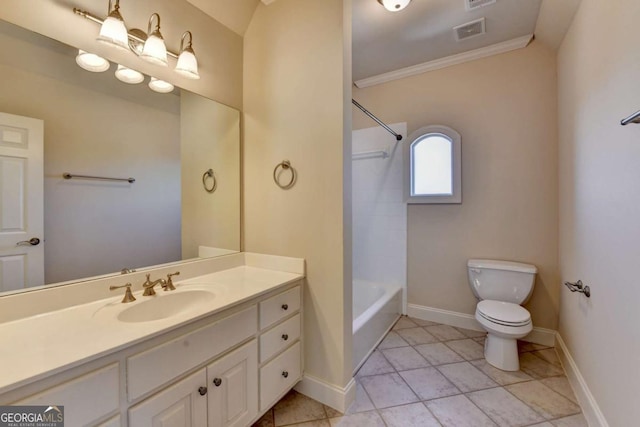 10125 Brixton Pl, Suwanee, GA 30024 - full bathroom featuring toilet, crown molding, vanity, bathtub / shower combination, and tile patterned flooring