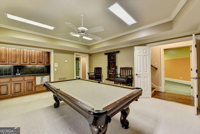 10125 Brixton Pl, Suwanee, GA 30024 - playroom featuring light carpet, ornamental molding, billiards table, and ceiling fan