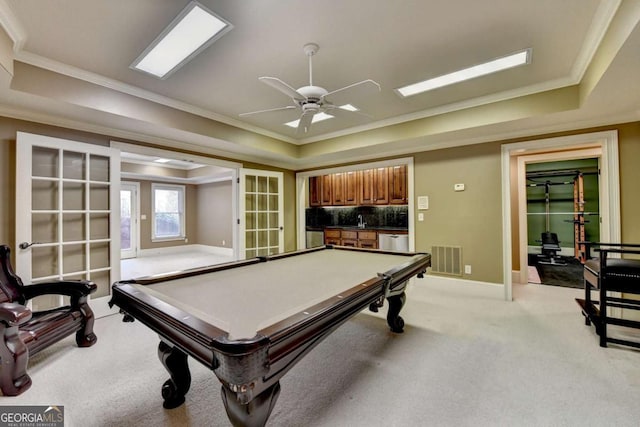 10125 Brixton Pl, Suwanee, GA 30024 - playroom with light carpet, billiards table, crown molding, baseboards, and a tray ceiling