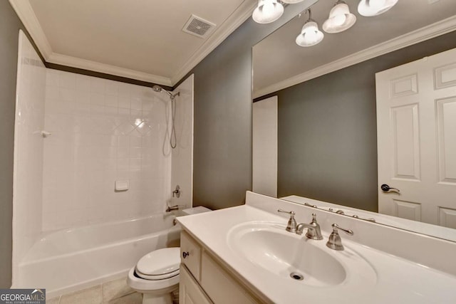 10125 Brixton Pl, Suwanee, GA 30024 - bathroom with toilet, vanity, crown molding, bathtub / shower combination, and tile patterned flooring