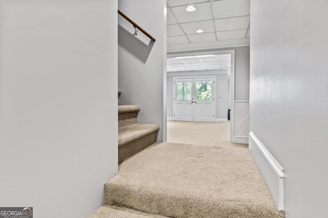 25 Highlands Way, Oxford, GA 30054 - staircase with carpet floors, recessed lighting, a wainscoted wall, and a drop ceiling