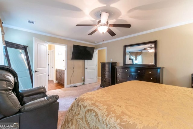 12275 Styron Dr, Hampton, GA 30228 - bedroom featuring ornamental molding, carpet flooring, ceiling fan, and ensuite bath