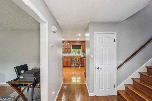 2201 Colonial Oak Way, Stone Mountain, GA 30087 - hall featuring an office area, dark wood-style flooring, stairway, baseboards, and recessed lighting