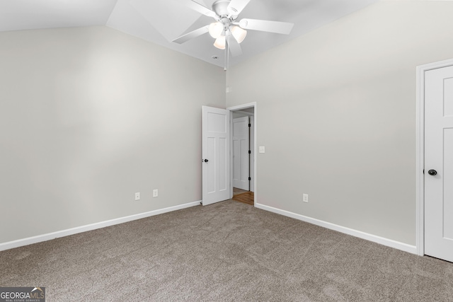 74 Riverwood Trl, Grantville, GA 30220 - unfurnished bedroom featuring carpet flooring, baseboards, high vaulted ceiling, and a ceiling fan