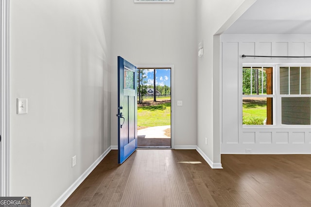74 Riverwood Trl, Grantville, GA 30220 - entrance foyer with dark wood-style floors, baseboards, and a towering ceiling