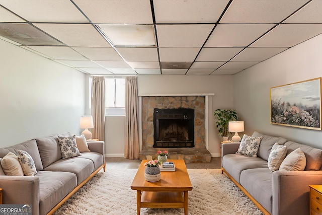 3851 Natalie Way, Ellenwood, GA 30294 - living area with carpet, a stone fireplace, and a drop ceiling