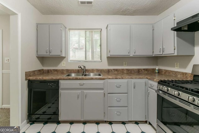 3851 Natalie Way, Ellenwood, GA 30294 - kitchen with stainless steel gas range, dishwasher, extractor fan, a textured ceiling, and dark countertops