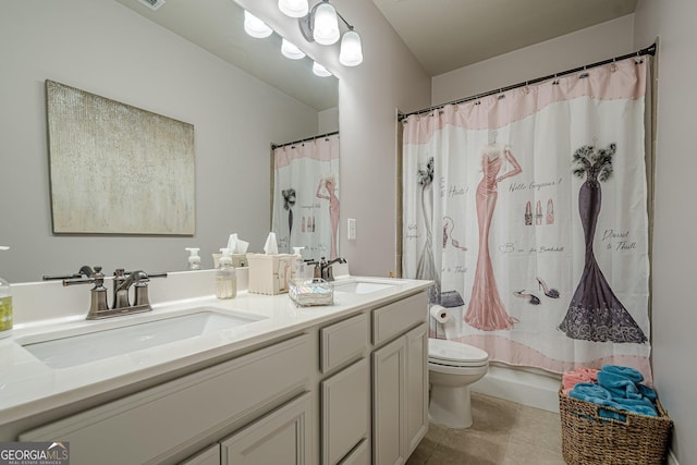 3715 Bridges Ct, Cumming, GA 30040 - full bathroom featuring double vanity, tile patterned flooring, and a shower with curtain