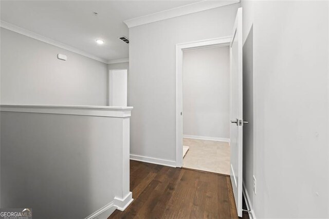 240 Walker Ave, Roswell, GA 30076 - hall featuring crown molding, dark wood finished floors, recessed lighting, and an upstairs landing