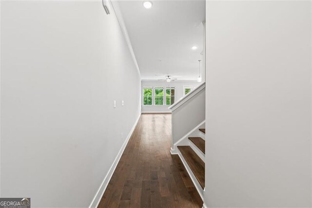 240 Walker Ave, Roswell, GA 30076 - hallway with dark wood-type flooring, stairway, and recessed lighting