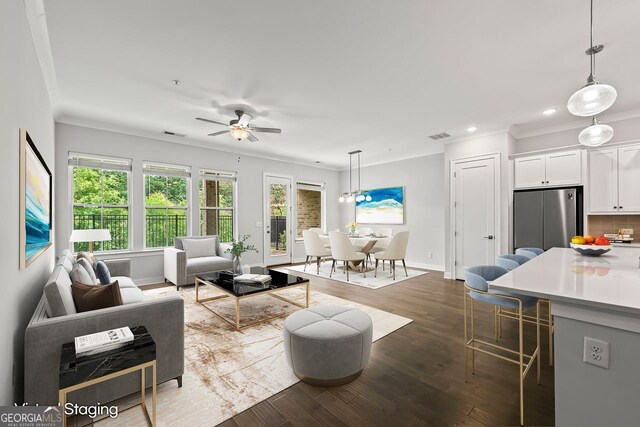 240 Walker Ave, Roswell, GA 30076 - living area featuring crown molding, recessed lighting, ceiling fan, and dark wood finished floors