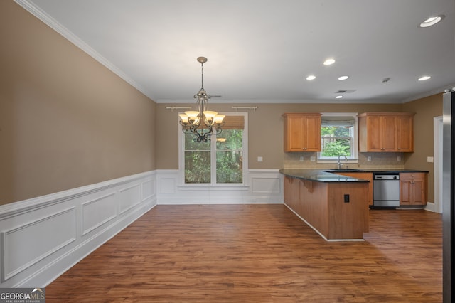 3725 Paces Park Cir SE, Smyrna, GA 30080 - kitchen featuring stainless steel dishwasher, a chandelier, a peninsula, a sink, and dark countertops