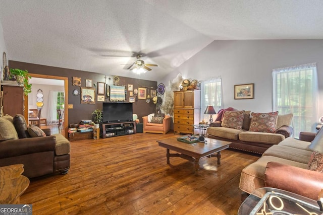 345 Jesse Martin Trl, Canton, GA 30115 - living area featuring hardwood / wood-style floors, lofted ceiling, a ceiling fan, plenty of natural light, and a textured ceiling