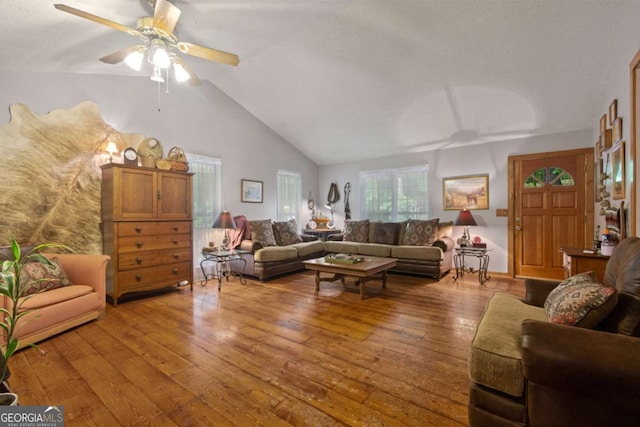 345 Jesse Martin Trl, Canton, GA 30115 - living area featuring ceiling fan, wood-type flooring, high vaulted ceiling, and a textured ceiling