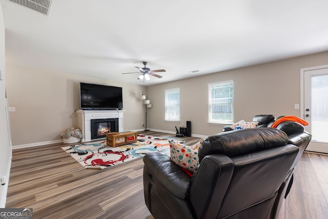 149 Pristine Dr, Locust Grove, GA 30248 - living area with wood finished floors, a ceiling fan, and a glass covered fireplace