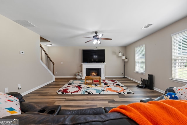 149 Pristine Dr, Locust Grove, GA 30248 - living area with ceiling fan, plenty of natural light, wood finished floors, and a glass covered fireplace