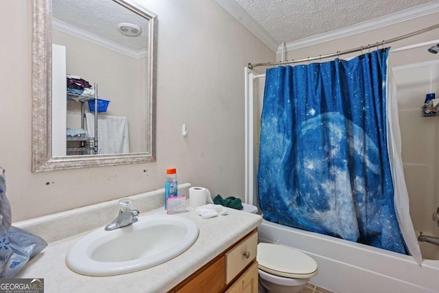 3775 Tommy Lee Cook Rd, Newnan, GA 30263 - bathroom with a textured ceiling, vanity, shower / bath combination with curtain, toilet, and crown molding