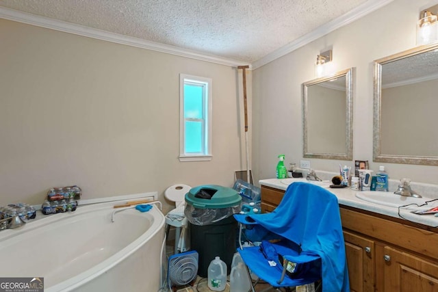 3775 Tommy Lee Cook Rd, Newnan, GA 30263 - full bathroom with a textured ceiling, vanity, a garden tub, and crown molding