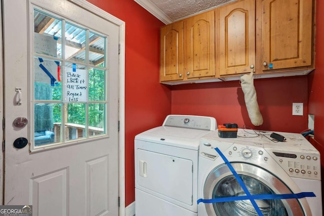 3775 Tommy Lee Cook Rd, Newnan, GA 30263 - washroom featuring cabinet space, washer and clothes dryer, ornamental molding, and a textured ceiling