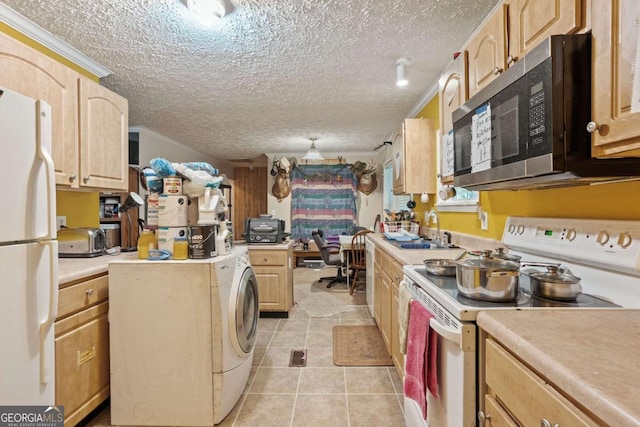 3775 Tommy Lee Cook Rd, Newnan, GA 30263 - kitchen featuring white appliances, a sink, light brown cabinets, washer / dryer, and a textured ceiling
