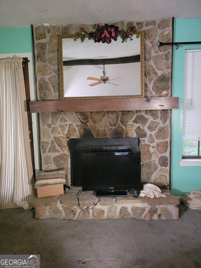 106 Garden Trl, Stockbridge, GA 30281 - detailed view of carpet floors, a fireplace, and a ceiling fan