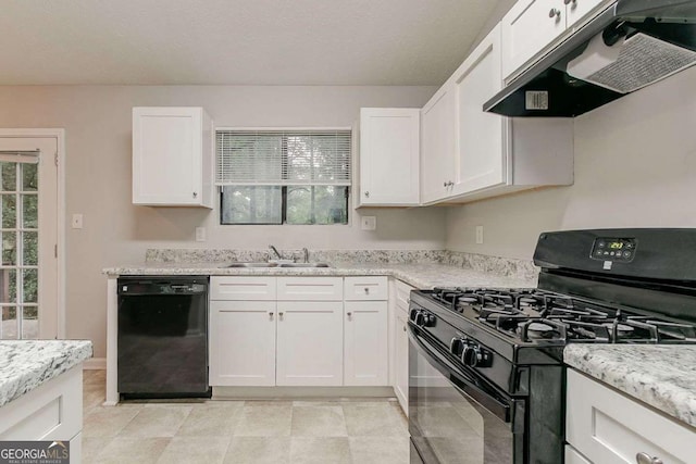 4905 Sandberg Ct, Stone Mountain, GA 30088 - kitchen with black appliances, a sink, under cabinet range hood, white cabinets, and light stone counters