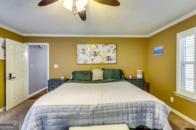 2200 E Lake Rd, Mcdonough, GA 30252 - bedroom featuring ornamental molding, a textured ceiling, carpet floors, and ceiling fan