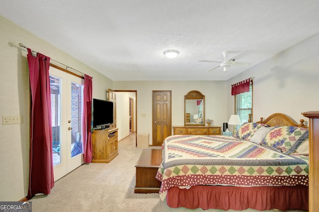 9706 Holly Hill Way, Jonesboro, GA 30238 - bedroom featuring light colored carpet, access to outside, a textured ceiling, and a ceiling fan