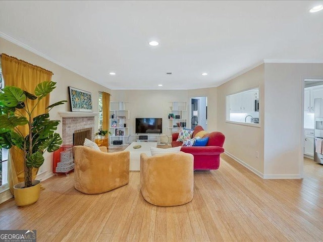 212 Abingdon Way, Sandy Springs, GA 30328 - living room with ornamental molding, plenty of natural light, wood finished floors, a fireplace, and baseboards