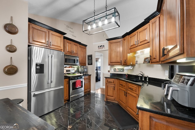 341 Jodeco Station Cir E, Stockbridge, GA 30281 - kitchen featuring stainless steel appliances, a sink, granite floors, brown cabinetry, and pendant lighting