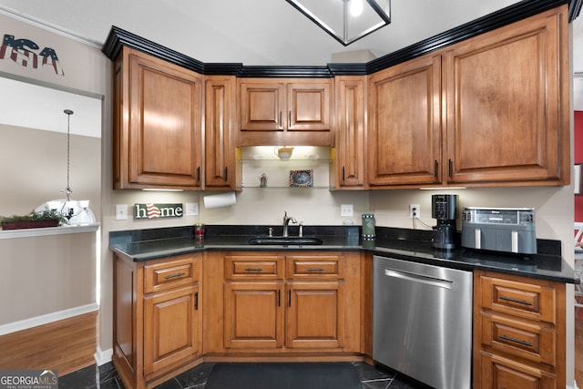 341 Jodeco Station Cir E, Stockbridge, GA 30281 - kitchen with stainless steel dishwasher, a sink, brown cabinetry, baseboards, and dark wood-type flooring