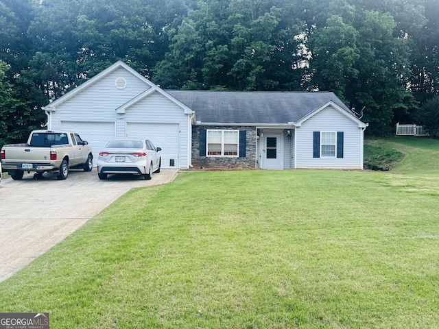 8455 River Bluff Pl, Ball Ground, GA 30107 - single story home featuring a garage, a front lawn, concrete driveway, and stone siding