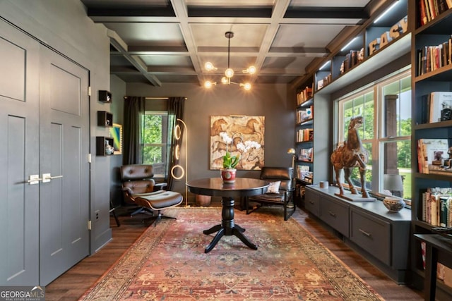 175 Stoneledge Trce N, Jasper, GA 30143 - office space with dark wood-style floors, a chandelier, coffered ceiling, and beam ceiling