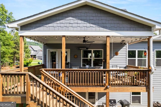 175 Stoneledge Trce N, Jasper, GA 30143 - wooden terrace featuring a ceiling fan, stairway, and french doors