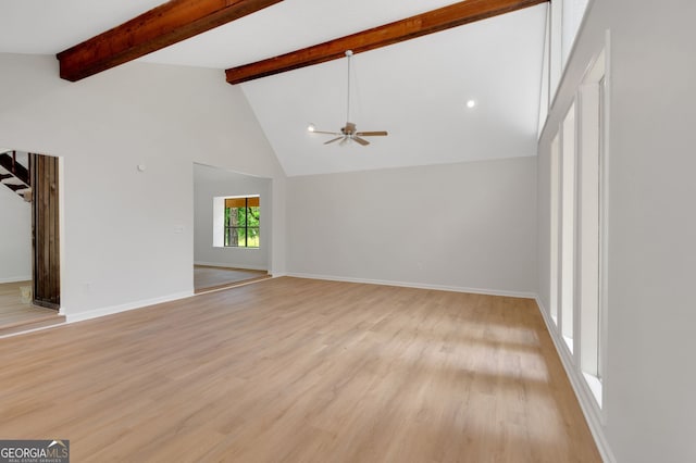 112 Valley Rd, Stockbridge, GA 30281 - unfurnished living room featuring light wood finished floors, beamed ceiling, high vaulted ceiling, baseboards, and ceiling fan