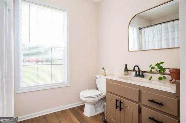 409 Cold Springs Ln, Mcdonough, GA 30252 - bathroom with toilet, vanity, baseboards, wood finished floors, and a shower with curtain