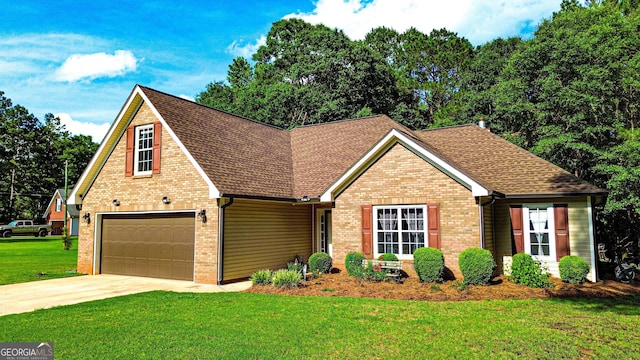 6830 Peeksville Rd, Mcdonough, GA 30252 - view of front of property with brick siding, driveway, a front yard, a shingled roof, and an attached garage