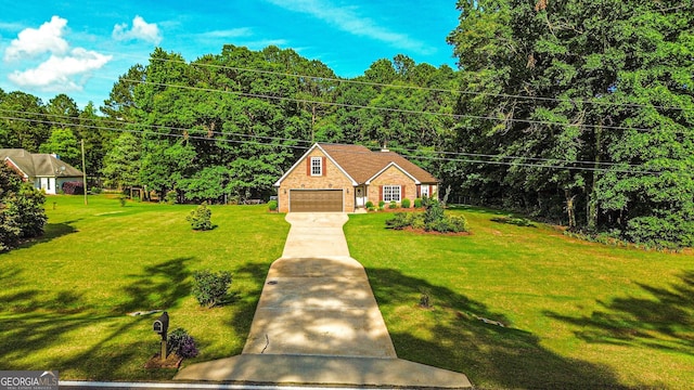 6830 Peeksville Rd, Mcdonough, GA 30252 - view of front of house featuring a garage, concrete driveway, a front yard, brick siding, and a forest view