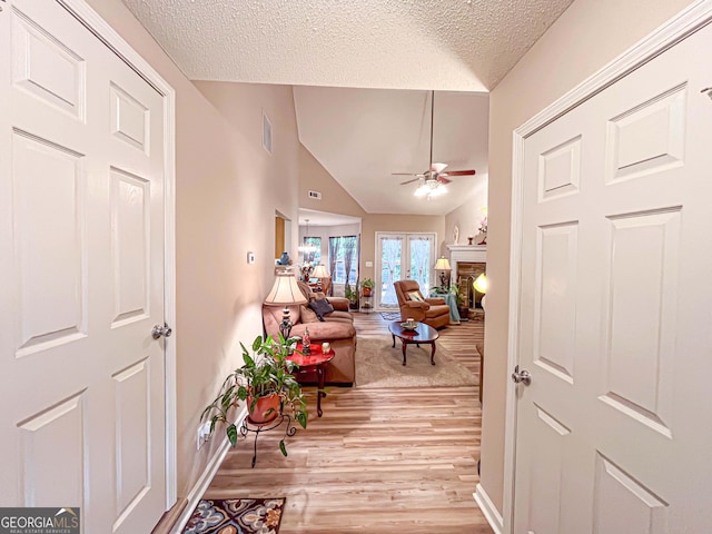 6830 Peeksville Rd, Mcdonough, GA 30252 - entryway with light wood-type flooring, baseboards, ceiling fan, a textured ceiling, and lofted ceiling