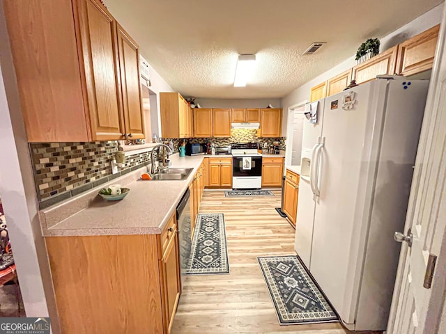 6830 Peeksville Rd, Mcdonough, GA 30252 - kitchen featuring white appliances, a sink, light wood-type flooring, under cabinet range hood, and light countertops