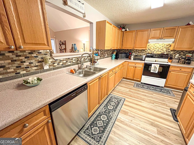 6830 Peeksville Rd, Mcdonough, GA 30252 - kitchen featuring white electric range, stainless steel dishwasher, under cabinet range hood, a sink, and light wood-style flooring