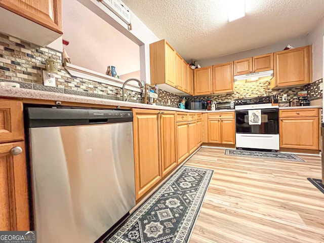 6830 Peeksville Rd, Mcdonough, GA 30252 - kitchen featuring stainless steel dishwasher, white electric stove, under cabinet range hood, light wood-style flooring, and light countertops