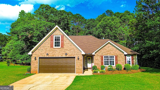 6830 Peeksville Rd, Mcdonough, GA 30252 - view of front facade featuring driveway, a front yard, brick siding, and a shingled roof