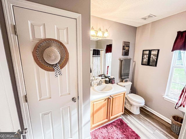 6830 Peeksville Rd, Mcdonough, GA 30252 - bathroom with wood finished floors, vanity, toilet, baseboards, and a textured ceiling