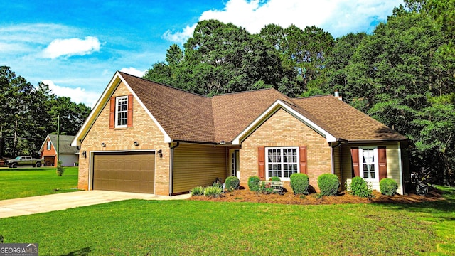 6830 Peeksville Rd, Mcdonough, GA 30252 - view of front of house with brick siding, a front lawn, concrete driveway, a shingled roof, and an attached garage