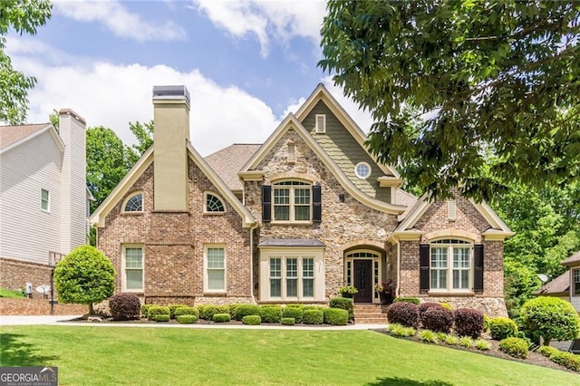 702 Crescent Cir, Canton, GA 30115 - view of front facade featuring a front lawn, a chimney, stone siding, and brick siding